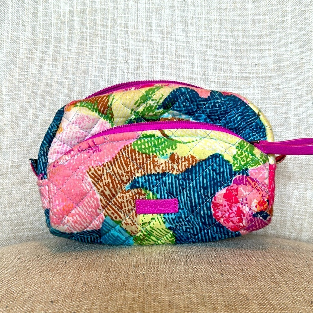 Quilted Floral Patchwork Wristlet Cosmetic Pouch - Pink & Blue EUC